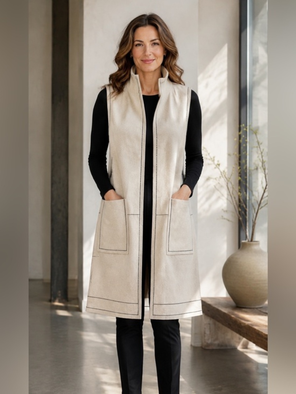 89th + Madison Cream Longline Sleeveless Sweater Vest Duster Pockets M